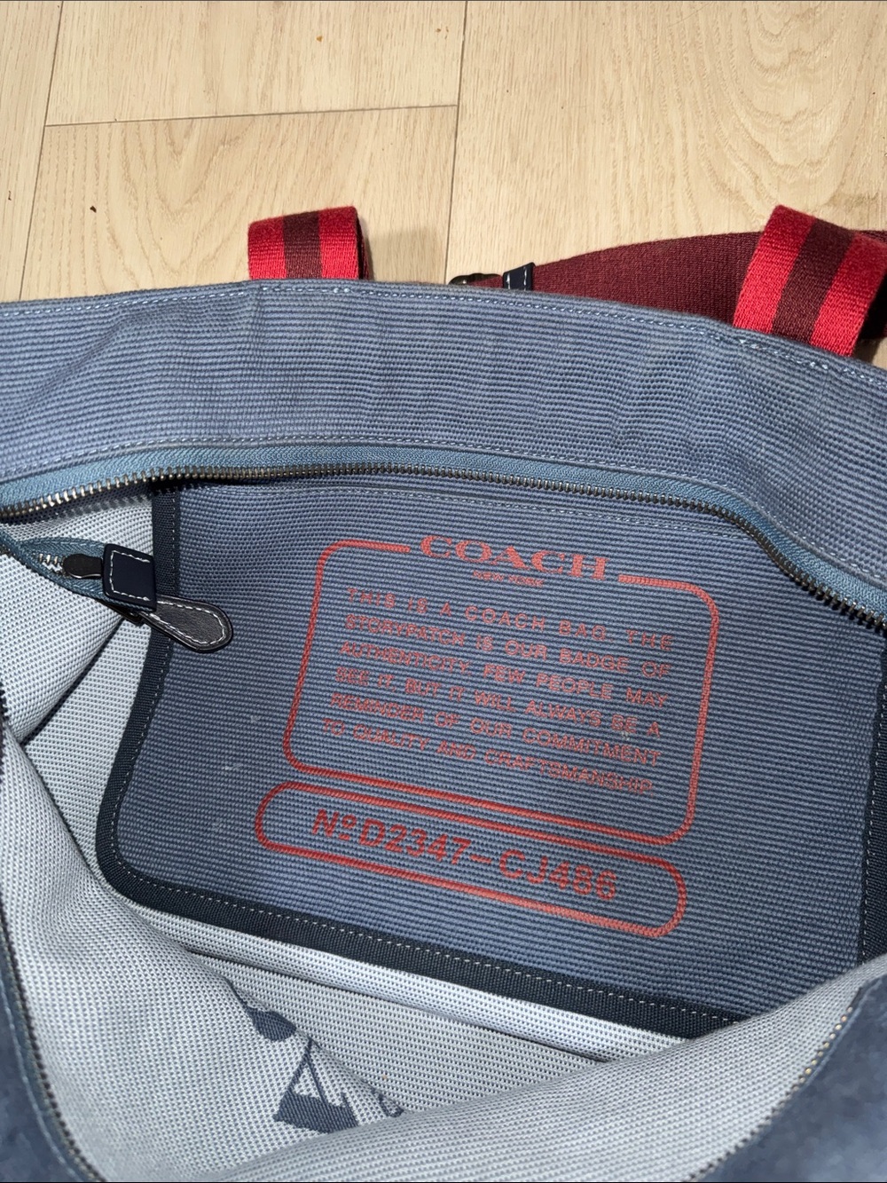 NWOT - Coach Blue Canvas Tote with Red Accent Handles & Shoulder Straps. - Picture 4 of 6